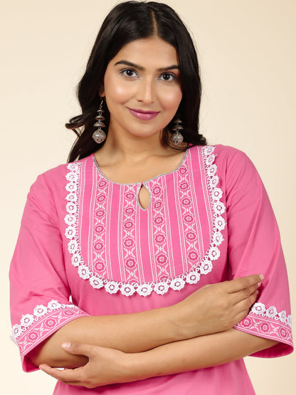 Women's Cotton Pink Straight Kurta