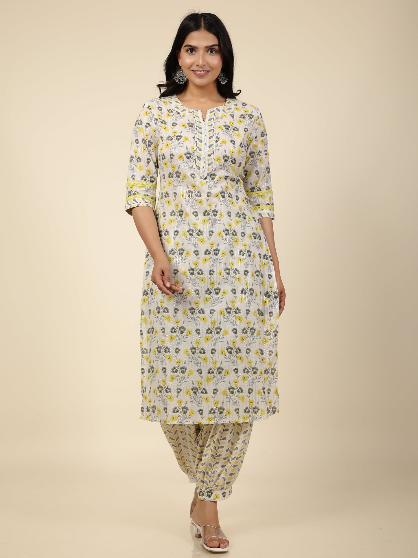 Women's Cotton Off White Straight Kurta Set