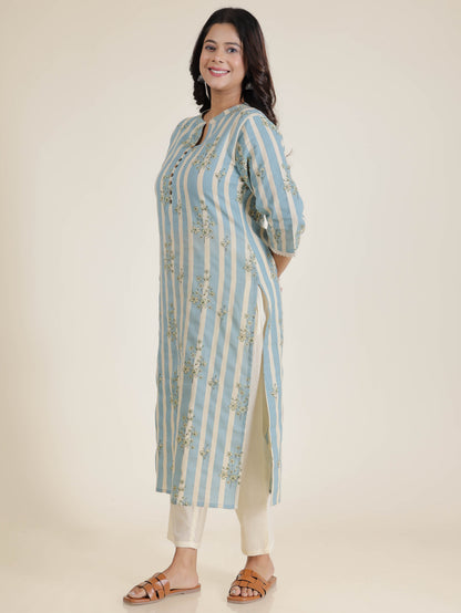 Women's Linen Blue Straight Kurta Set