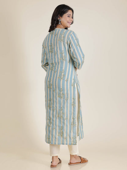 Women's Linen Blue Straight Kurta Set