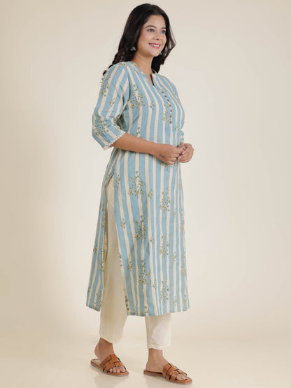 Women's Linen Blue Straight Kurta Set