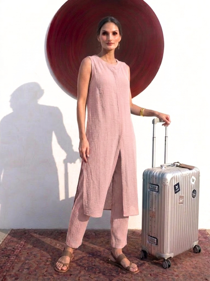 Dhiyona ST Swtantra Blush Pink Easy Addictive Travel Airflow Sleeveless Kurta and Pant Set
