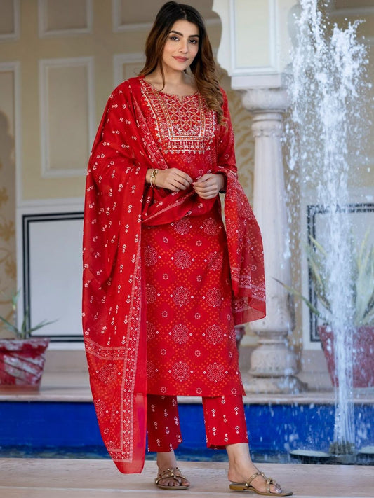 Dhiyona KL Women Bandhani Printed Sequinned Pure Cotton Kurta with Trousers & Dupatta