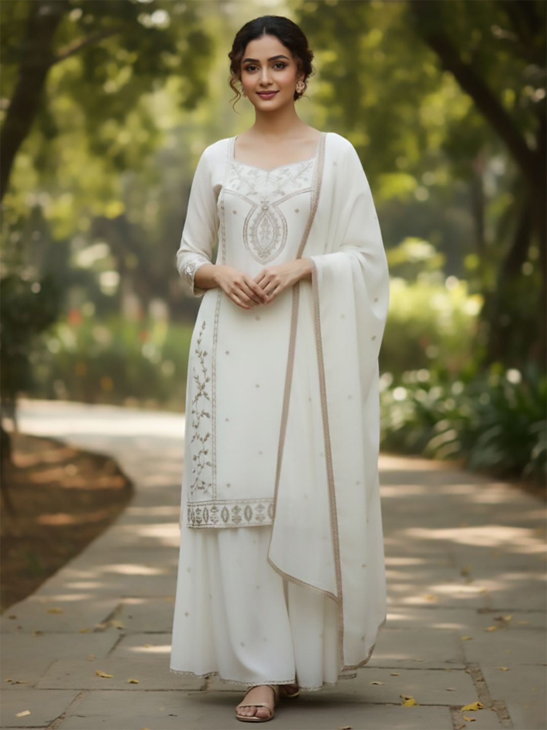 Dhiyona VA Women Ethnic Motifs Embroidered Regular Thread Work Kurta with Sharara & With Dupatta