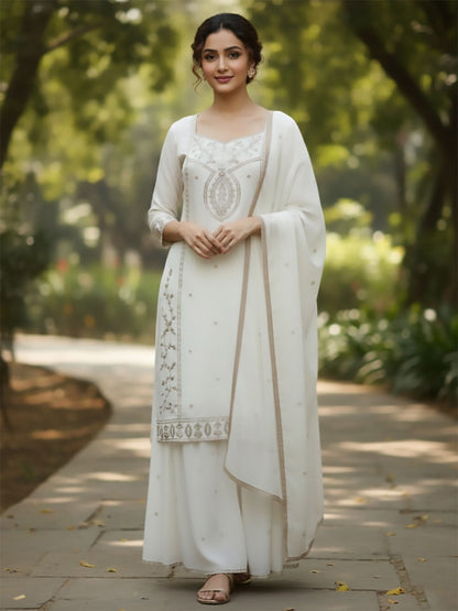 Dhiyona VA Women Ethnic Motifs Embroidered Regular Thread Work Kurta with Sharara & With Dupatta
