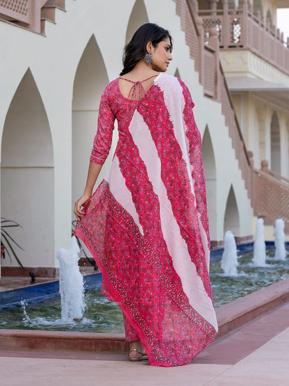 Dhiyona KL Women Floral Printed Regular Pure Cotton Kurta with Trousers & With Dupatta