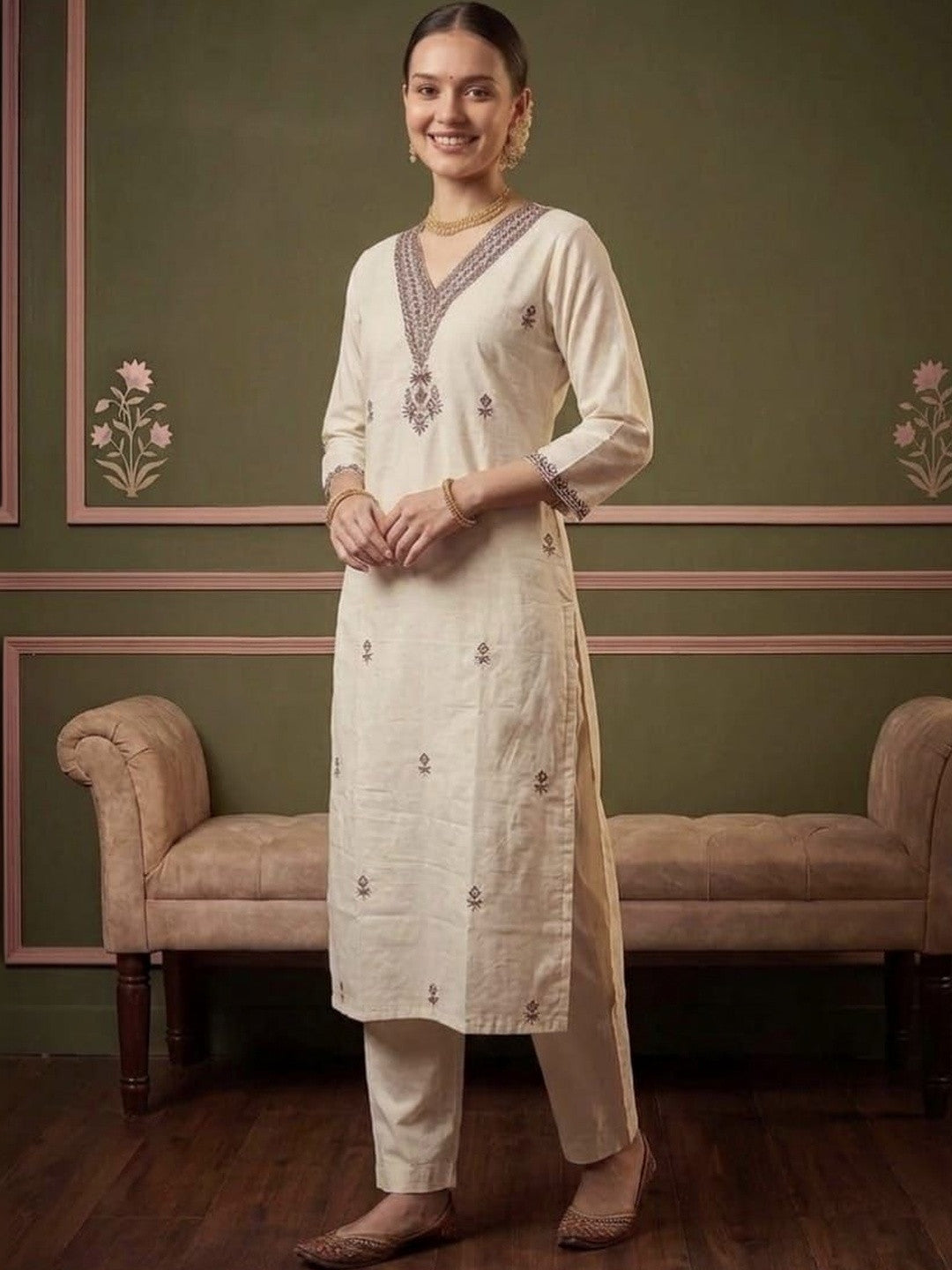Women Ethnic Motifs Embroidered Regular Thread Work Pure Cotton Kurta with Trousers & With Dupatta