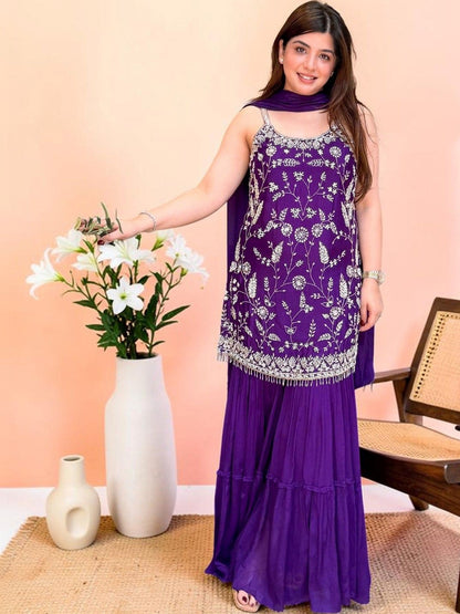 Women Floral Embroidered Regular Thread Work Silk Chiffon Kurta with Sharara & With Dupatta