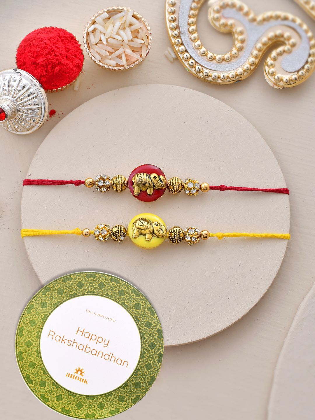 Dhiyona Set of 2 Red Beaded Thread Rakhi