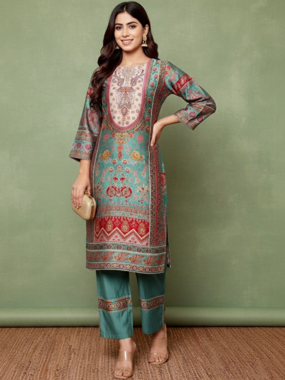 Dhiyona SN Printed V-Neck Kurta & Trousers