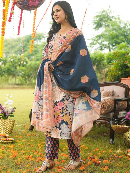 Dhiyona KL Floral Printed Notch Neck Straight Kurta with Trouser & Dupatta