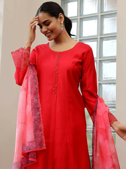 Women's LB Red Yoke Design Silk Blend Straight Suit With Dupatta