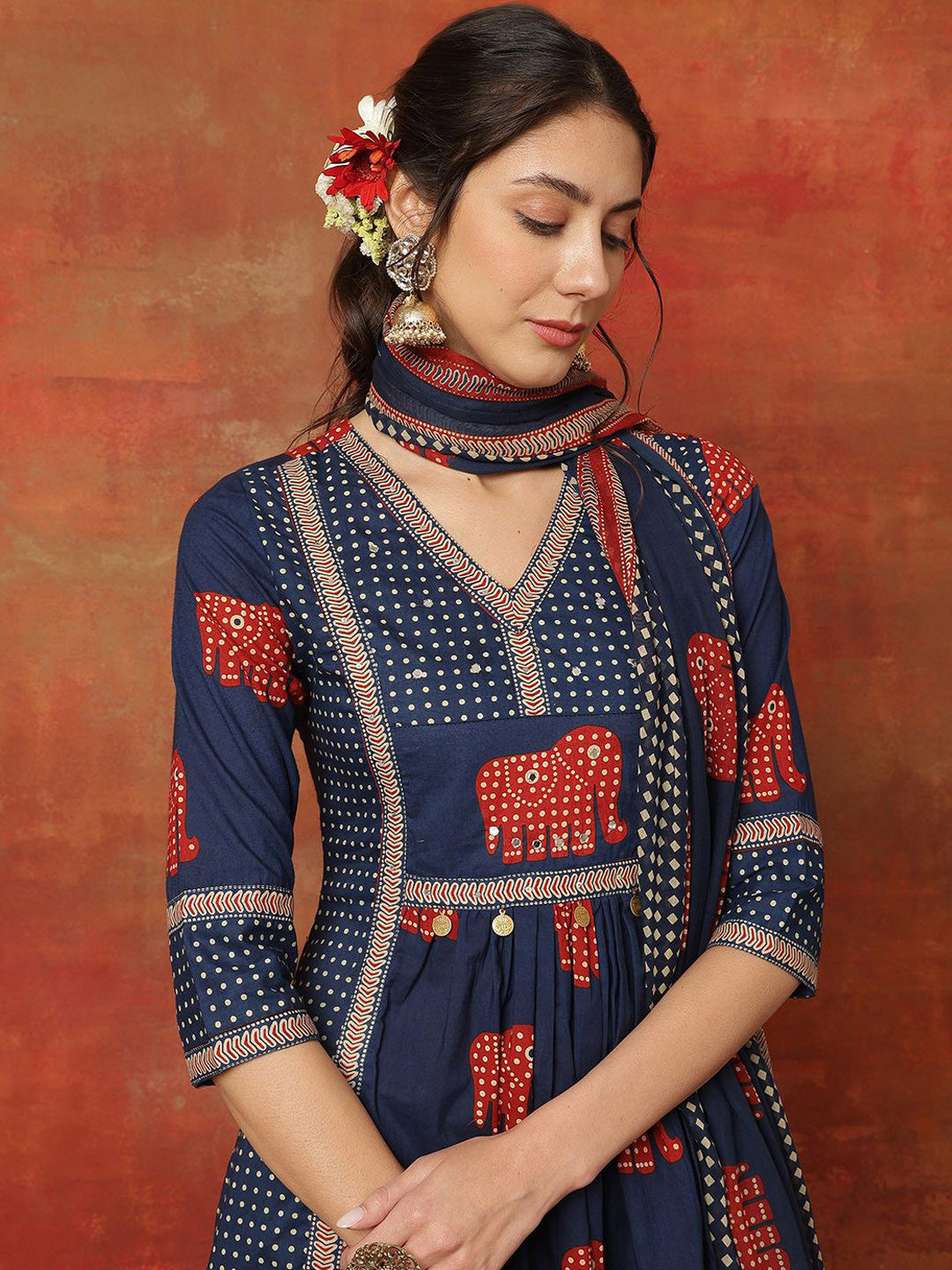 Printed Pure Cotton V-Neck Anarkali Kurta With Palazzos And Dupatta