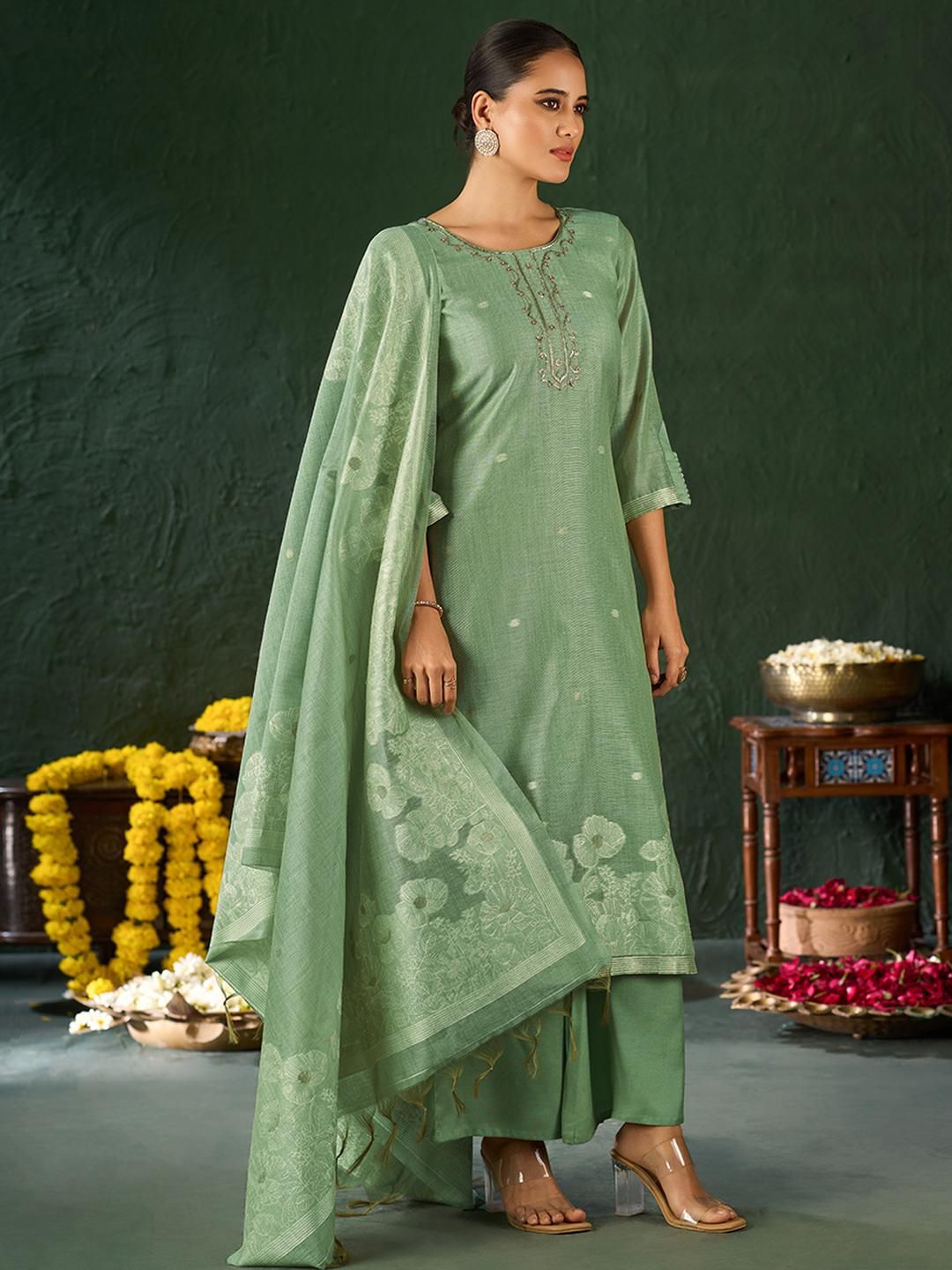 Dhiyona KL Women Handwork Embroidered Regular Kurta with Palazzos And Dupatta