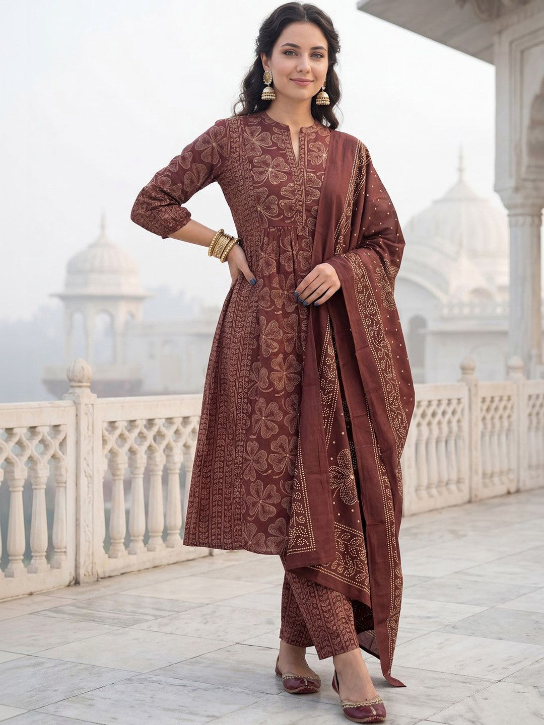 Women Floral Printed Panelled Beads and Stones Pure Cotton Kurta with Trousers & With Dupatta