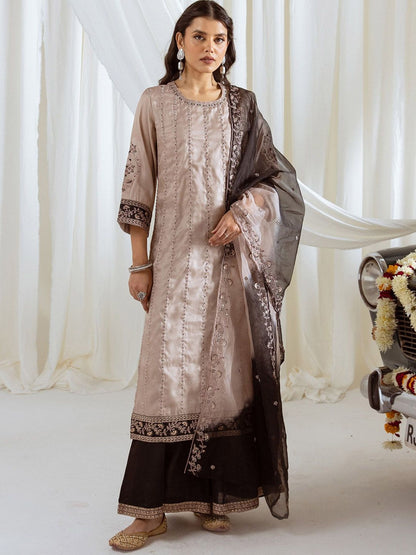 Dhiyona SN Floral Embroidered Thread Work Muslin Silk Straight Kurta With Palazzo And Dupatta