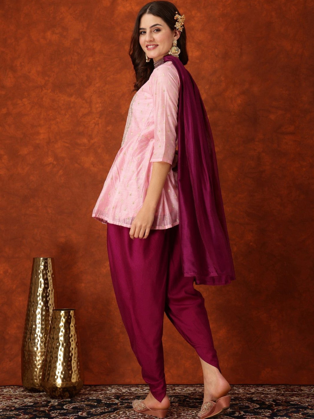 Paisley Embroidered Sequinned Chanderi Silk Kurti With Dhoti Pants & Dupatta