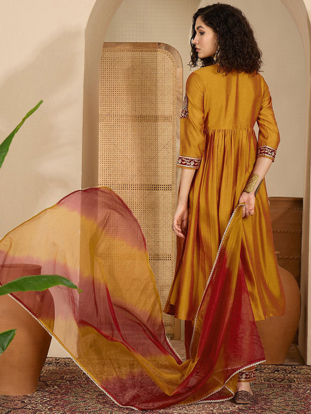 Zari Sequence Thread Embroidered A-Line Kurta With Trouser & Dupatta