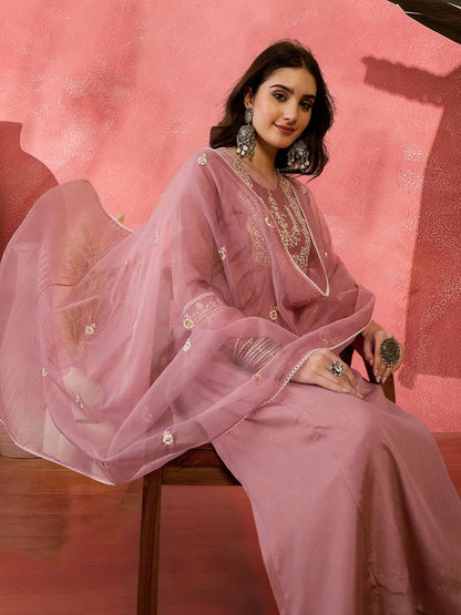 Zari Sequence Embroidered Straight Kurta & Trousers With Dupatta