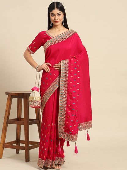 Women's Silk Blend Pink Embellished Designer Saree With Blouse Piece