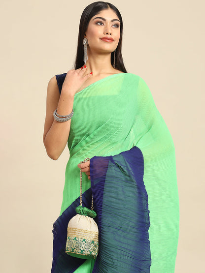 Women's Pure Crepe Green Solid Designer Saree With Blouse Piece