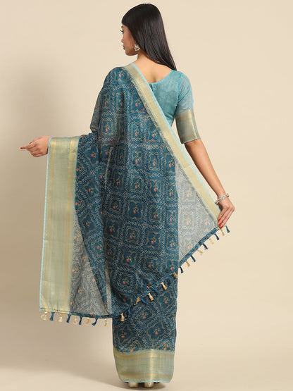 Women's Linen Blue Printed Designer Saree With Blouse Piece