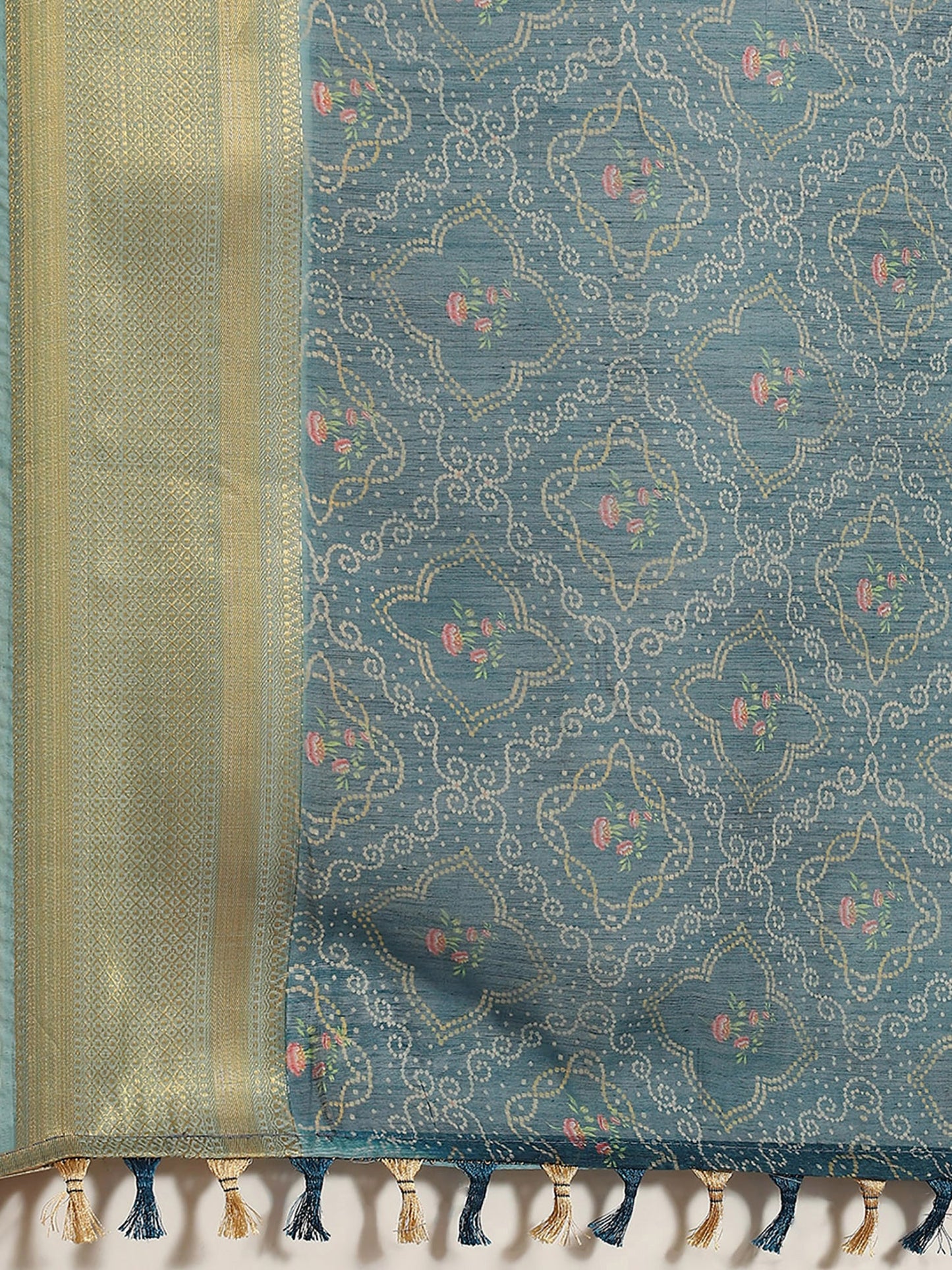 Women's Linen Blue Printed Designer Saree With Blouse Piece