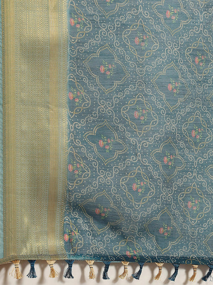 Women's Linen Blue Printed Designer Saree With Blouse Piece