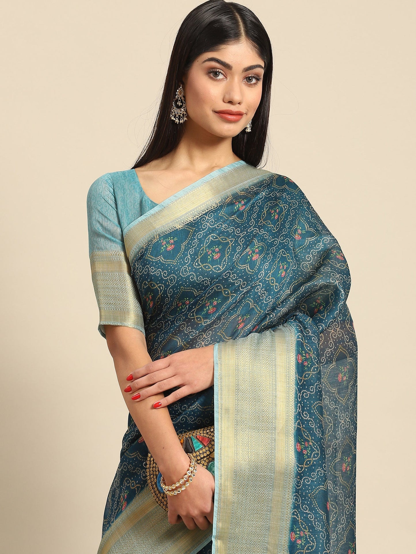 Women's Linen Blue Printed Designer Saree With Blouse Piece