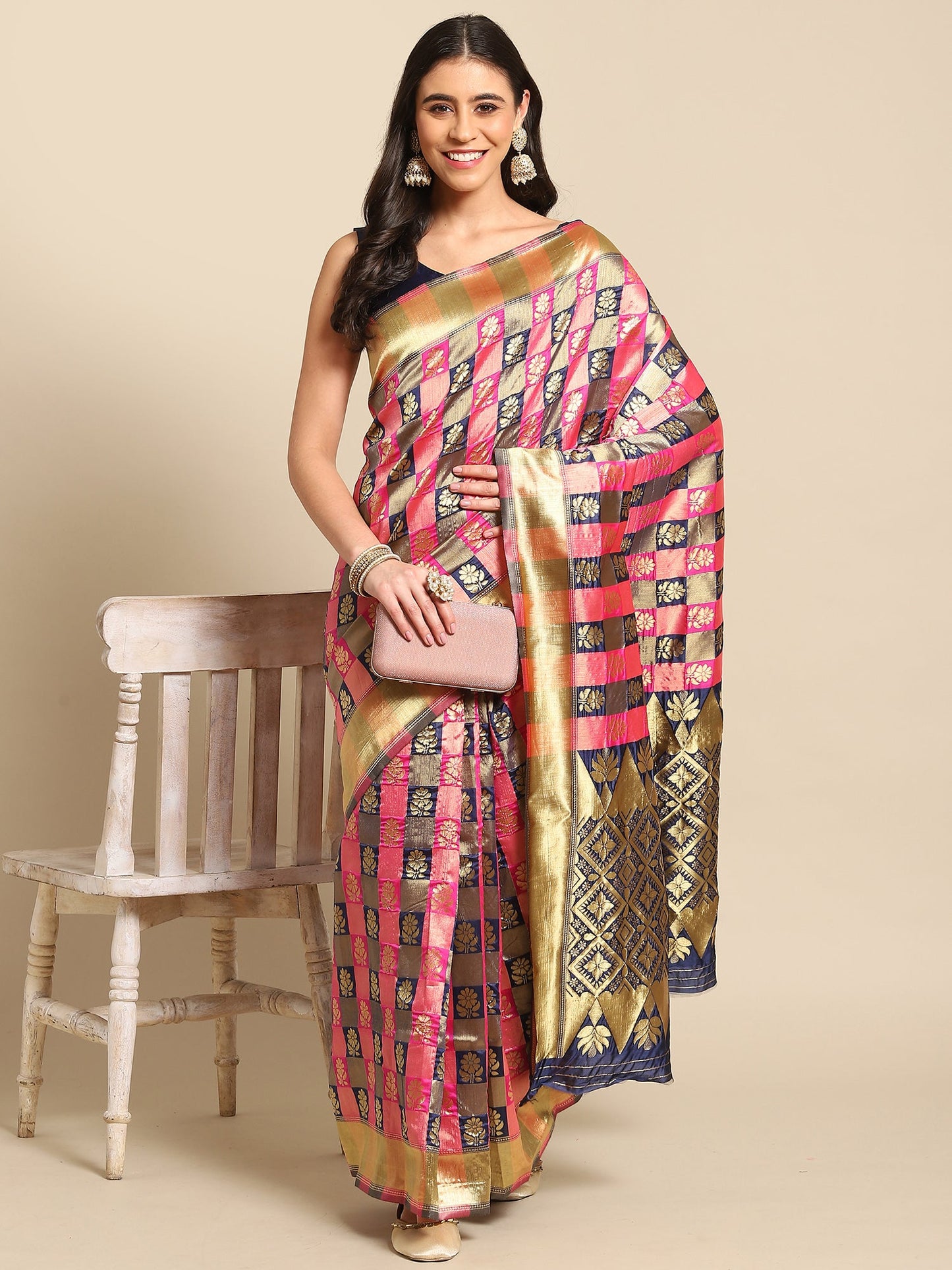 Women's Silk Blend Navy Blue Woven Design Designer Saree With Blouse Piece