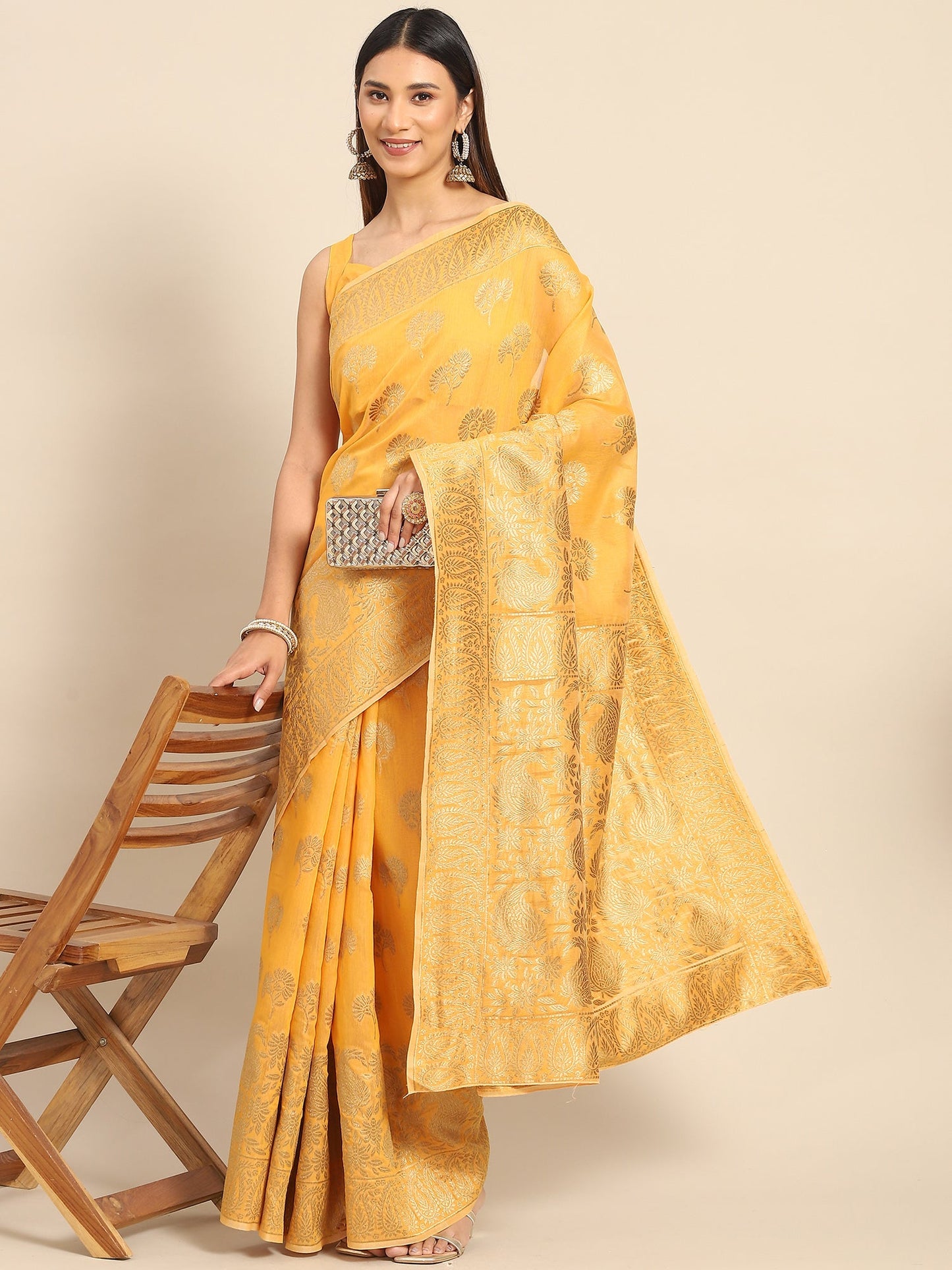 Women's Cotton Blend Yellow Woven Design Celebrity Saree With Blouse Piece