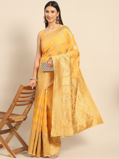Women's Cotton Blend Yellow Woven Design Celebrity Saree With Blouse Piece