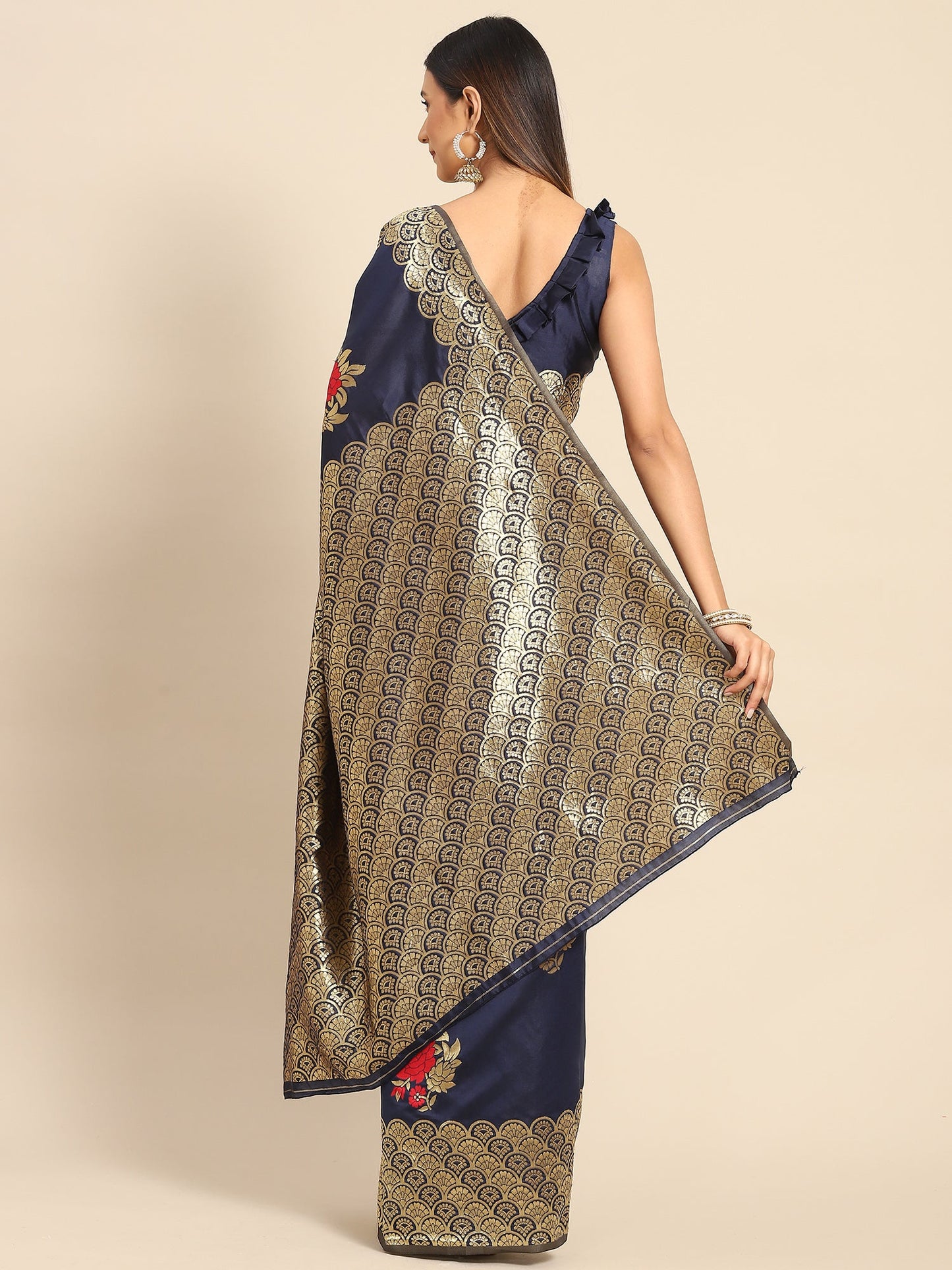 Women's Silk Blend Navy Blue Woven Design Celebrity Saree With Blouse Piece