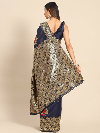 Women's Silk Blend Navy Blue Woven Design Celebrity Saree With Blouse Piece