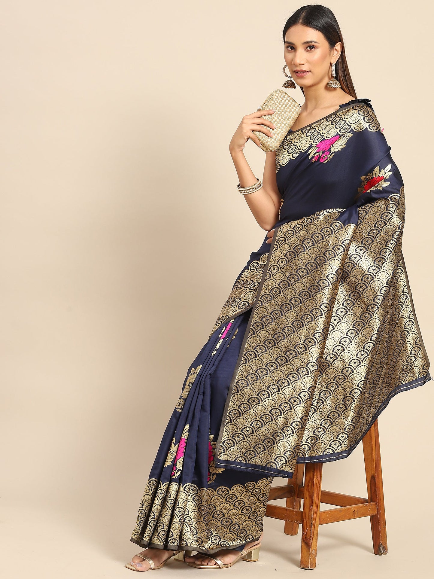 Women's Silk Blend Navy Blue Woven Design Celebrity Saree With Blouse Piece