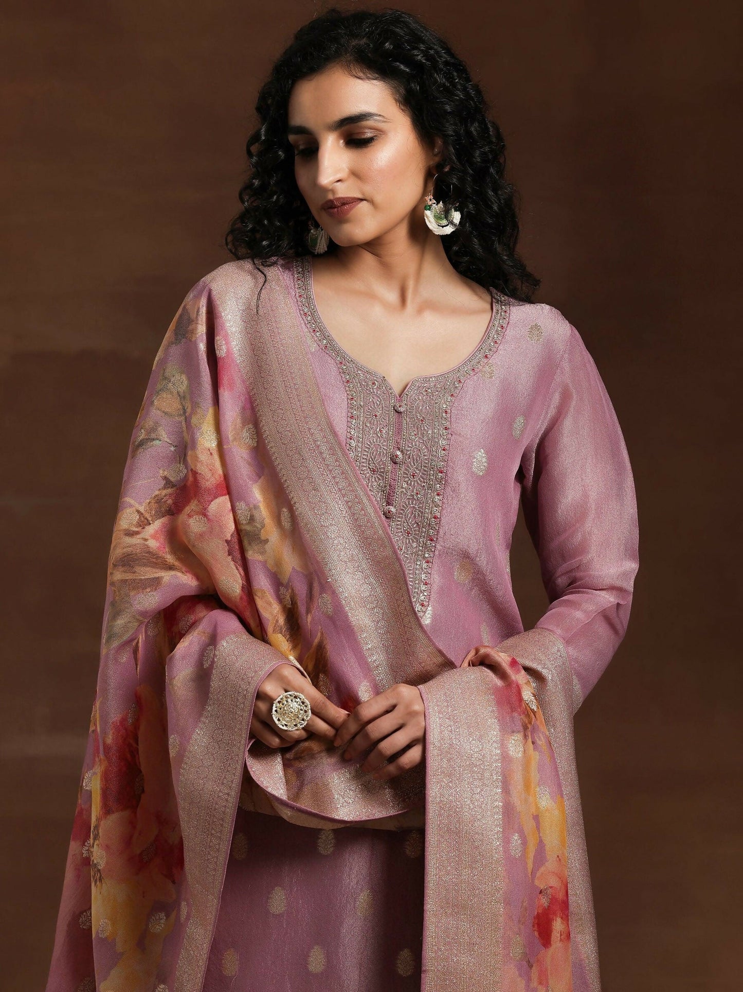 Women's LB Mauve Woven Design Silk Blend Straight Kurta With Palazzos & Dupatta