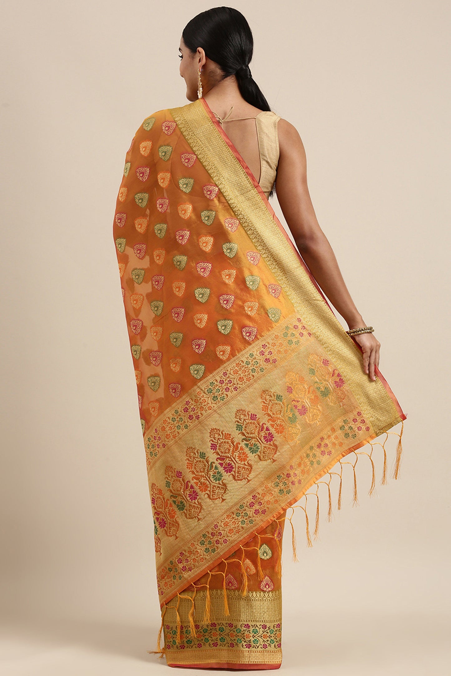 Dhiyona GR Women's Aarvi Amber Yellow Zari Woven Organza Silk Saree