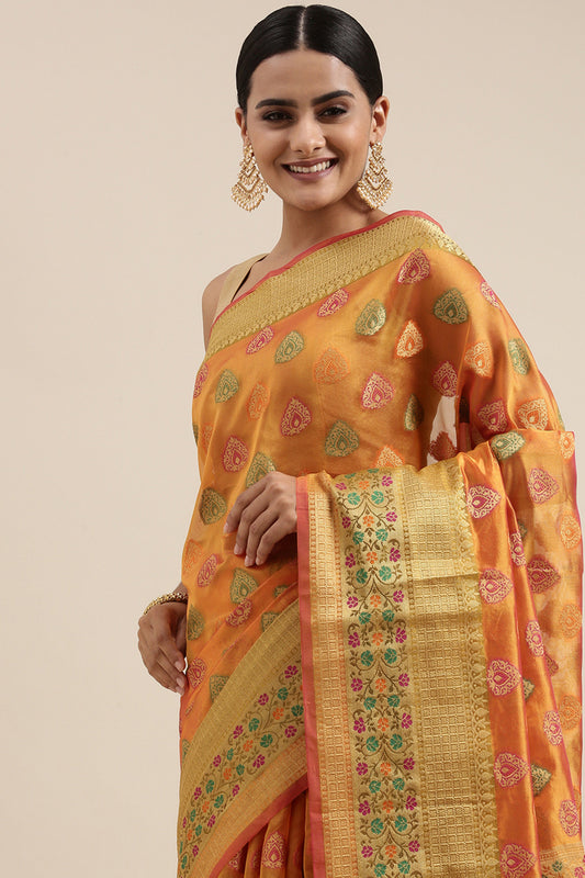 Dhiyona GR Women's Aarvi Amber Yellow Zari Woven Organza Silk Saree