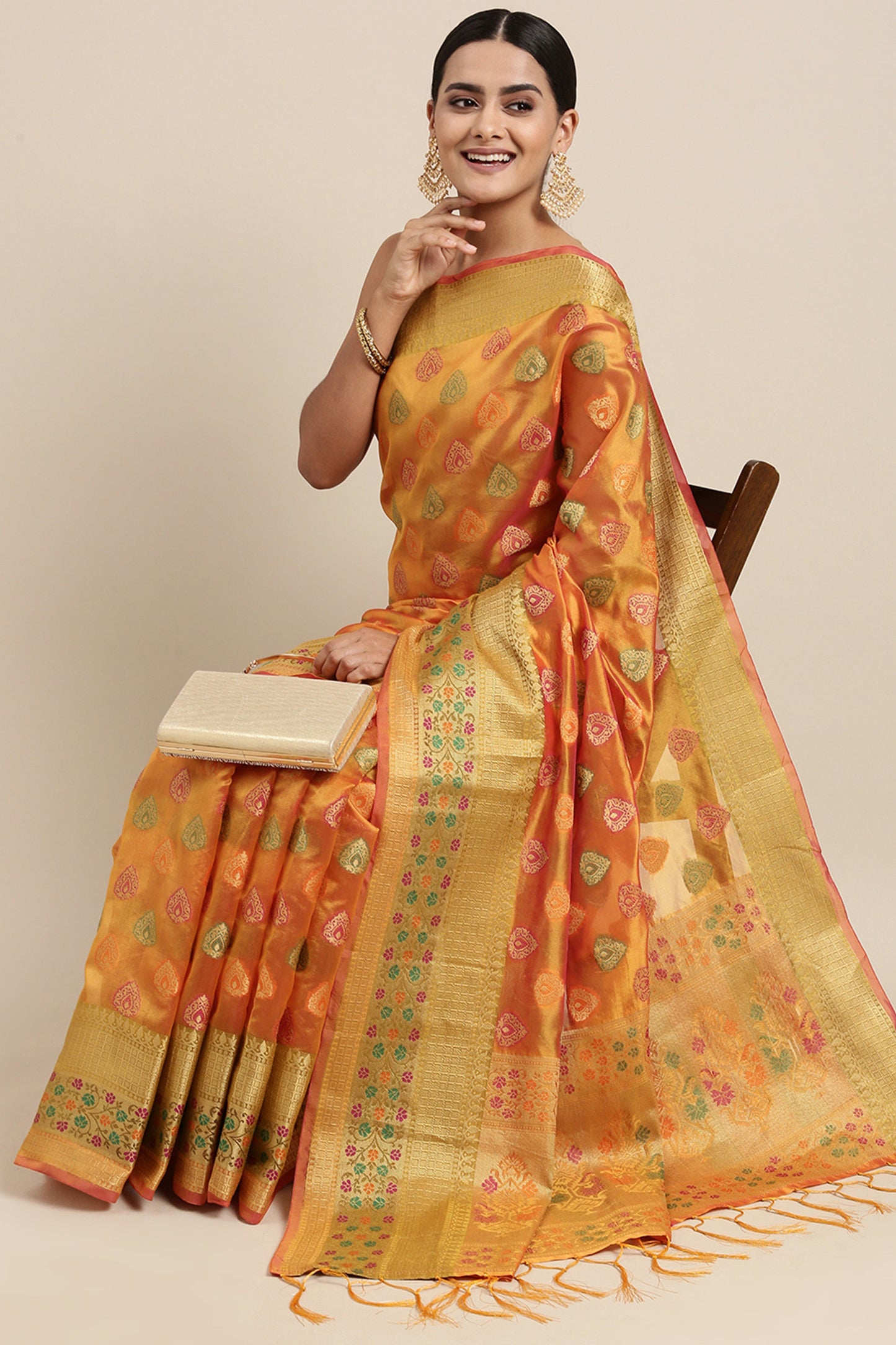 Dhiyona GR Women's Aarvi Amber Yellow Zari Woven Organza Silk Saree
