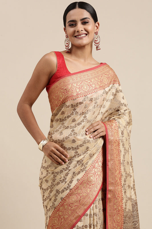 Dhiyona GR Women's Aarya Latte Beige Zari Woven Design Banarasi Pure Cotton Saree