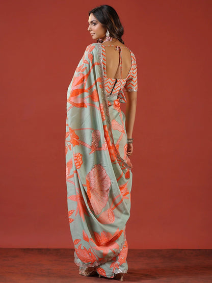 Women's Vichitra Silk Sea Green Embellished Celebrity Saree With Blouse Piece