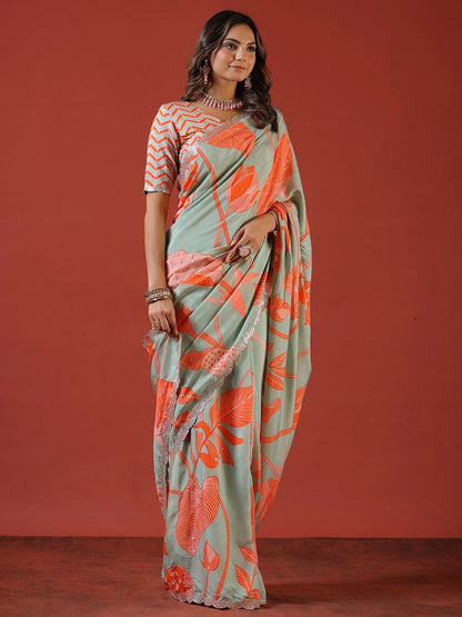 Women's Vichitra Silk Sea Green Embellished Celebrity Saree With Blouse Piece