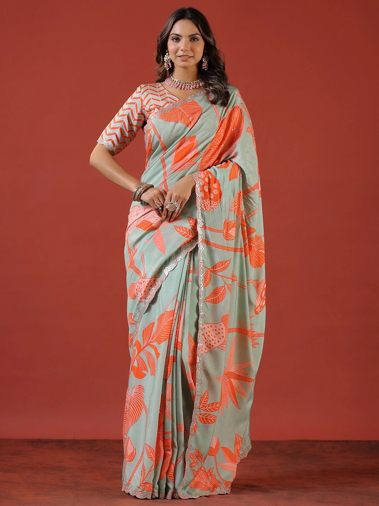 Women's Vichitra Silk Sea Green Embellished Celebrity Saree With Blouse Piece