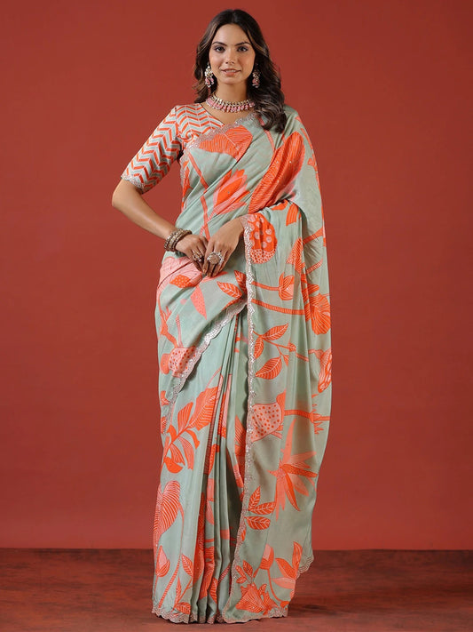 Women's Vichitra Silk Sea Green Embellished Celebrity Saree With Blouse Piece