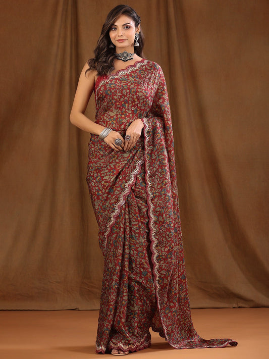 Women's Vichitra Silk Maroon Embellished Celebrity Saree With Blouse Piece