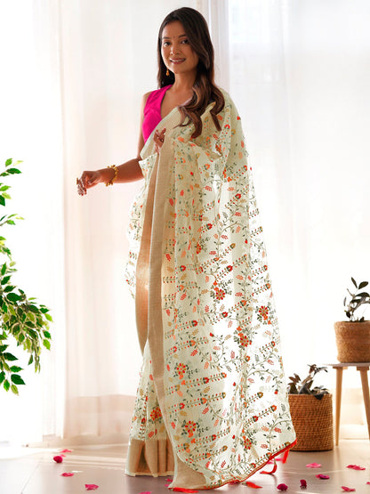 Women's Organza Yellow Embroidered Designer Saree With Blouse Piece