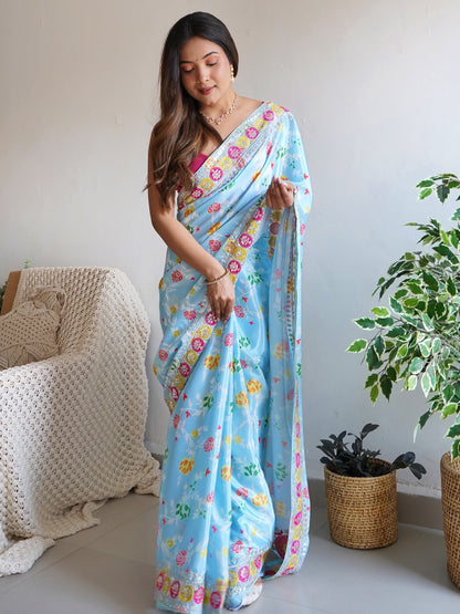 Women's Silk Blend Blue Embellished Designer Saree With Blouse Piece