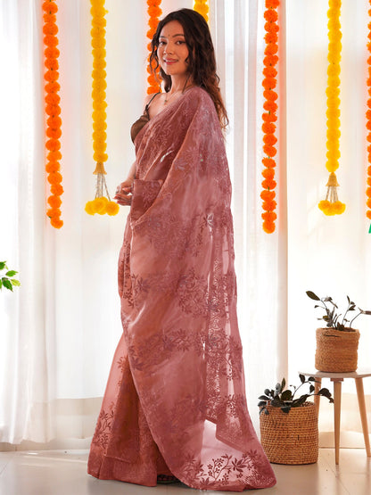 Women's Organza Brown Embellished Designer Saree With Blouse Piece
