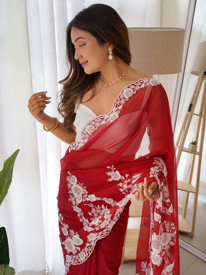 Women's Organza Maroon Embroidered Designer Saree With Blouse Piece