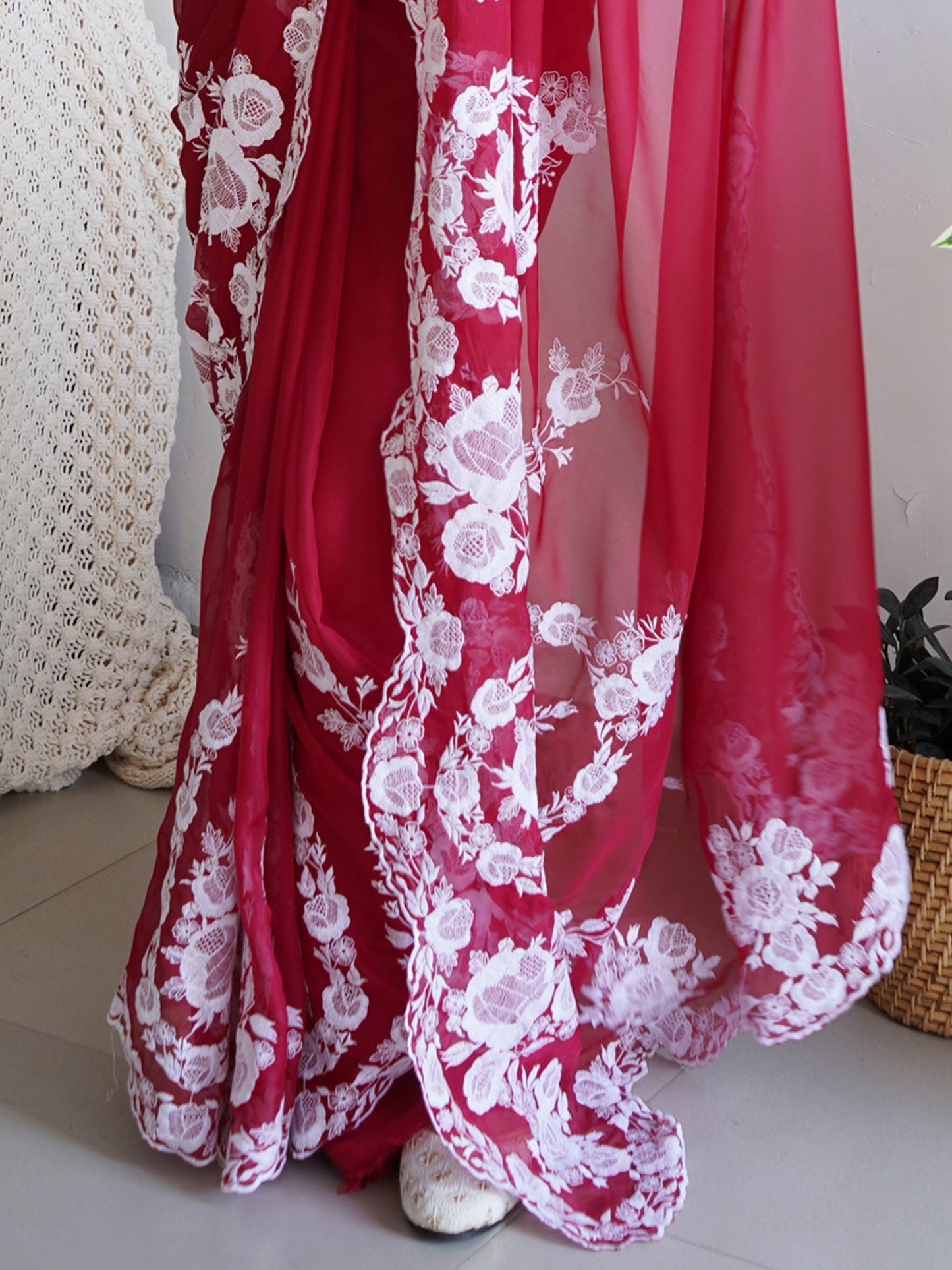 Women's Organza Maroon Embroidered Designer Saree With Blouse Piece